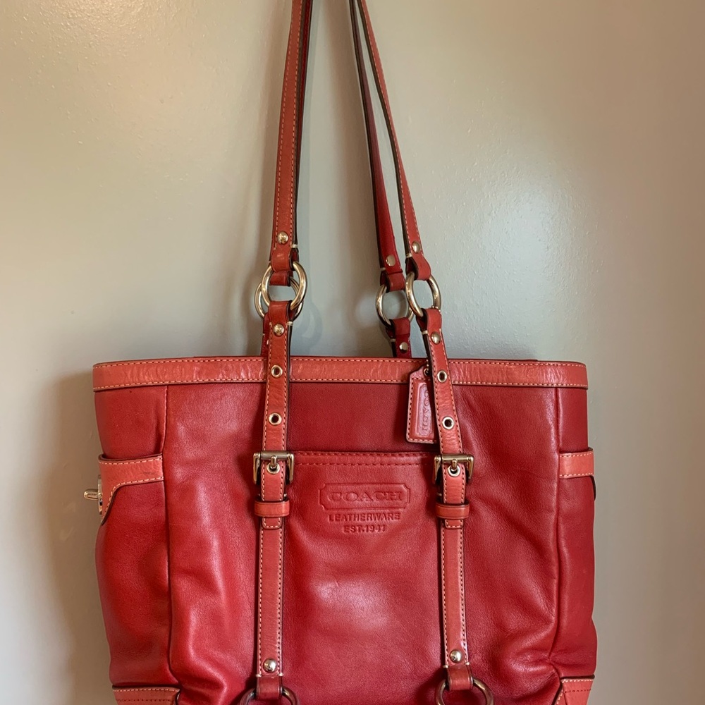 Coach Red Leather Tote with Gold Accents